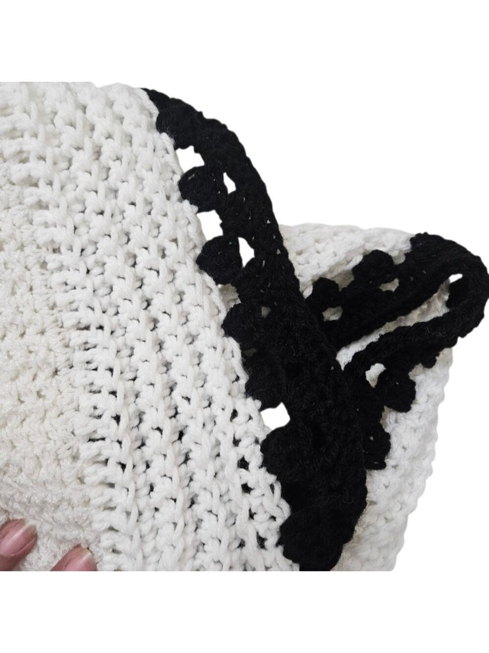 Handmade White Hand Knit Crochet Cocoon Cardigan Granny Square Black Open Front - Picture 13 of 17